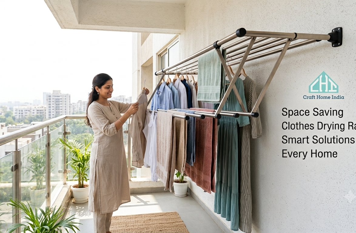 A woman hanging laundry on a wall-mounted stainless steel clothes drying rack on an apartment balcony with a city view. The rack holds shirts, towels, and clothing.