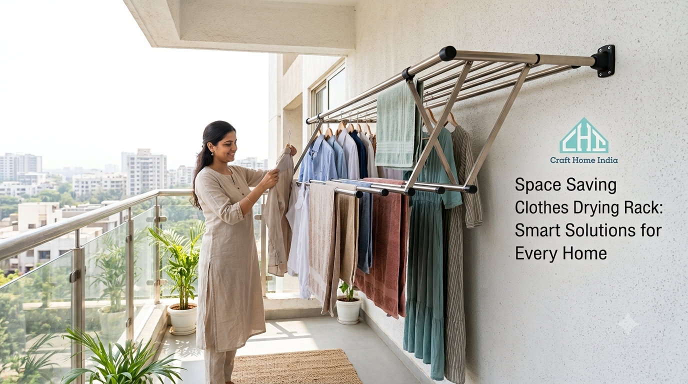 A woman hanging laundry on a wall-mounted stainless steel clothes drying rack on an apartment balcony with a city view. The rack holds shirts, towels, and clothing.