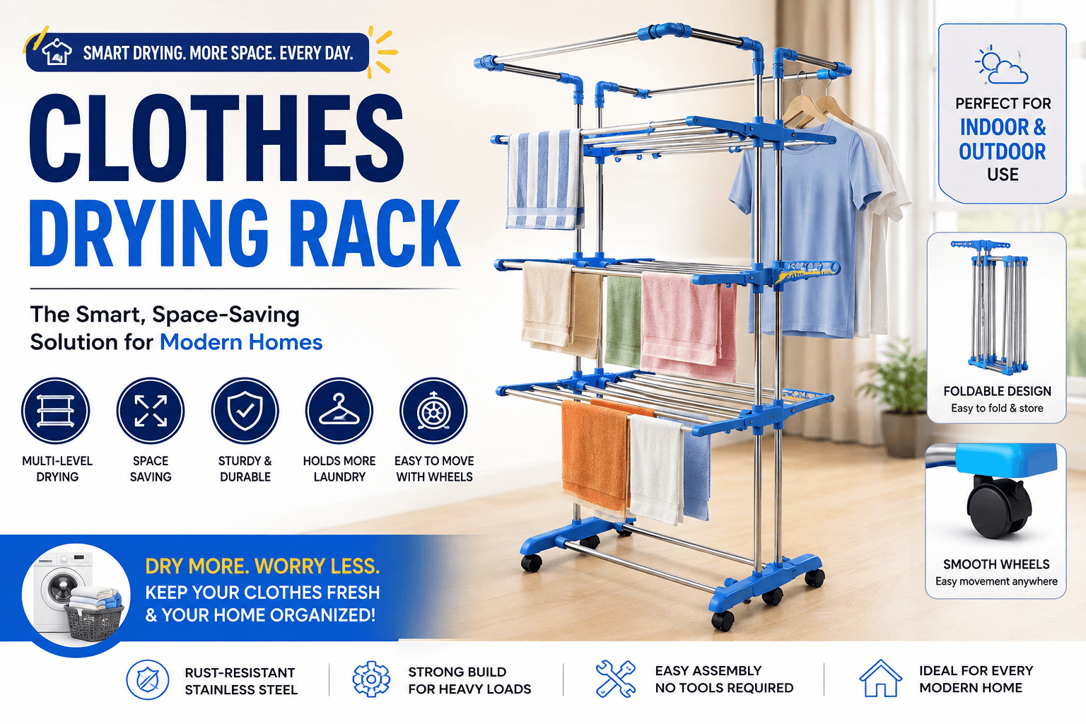 Clothes drying rack with multi-level design for space-saving laundry drying