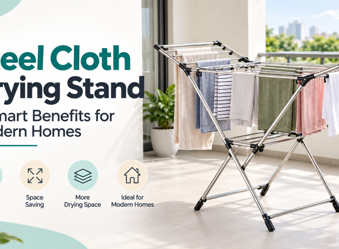 Steel cloth drying stand with multiple rods for space-saving home laundry drying