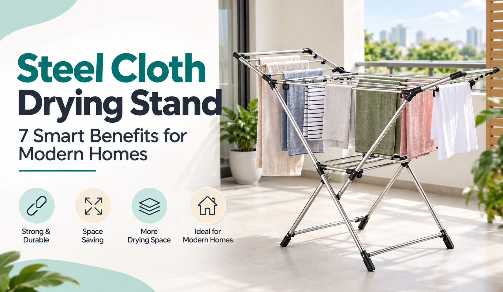 Steel cloth drying stand with multiple rods for space-saving home laundry drying