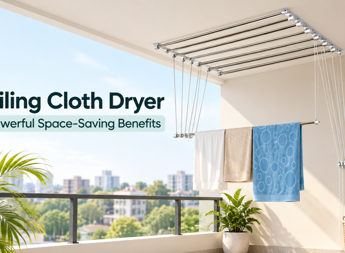 Ceiling cloth dryer with stainless steel rods for space-saving laundry