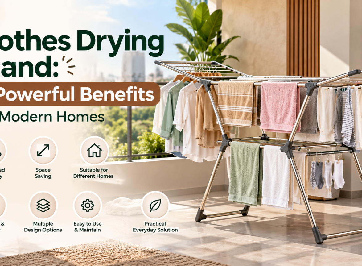 Clothes drying stand with neatly arranged laundry in a modern balcony setting