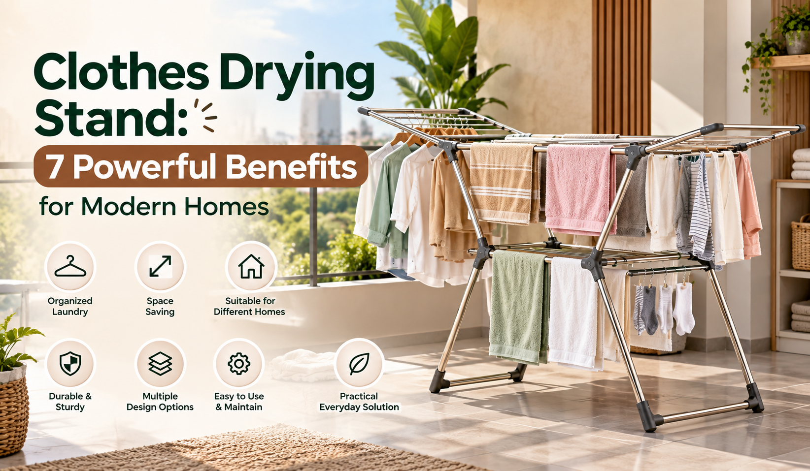 Clothes drying stand with neatly arranged laundry in a modern balcony setting