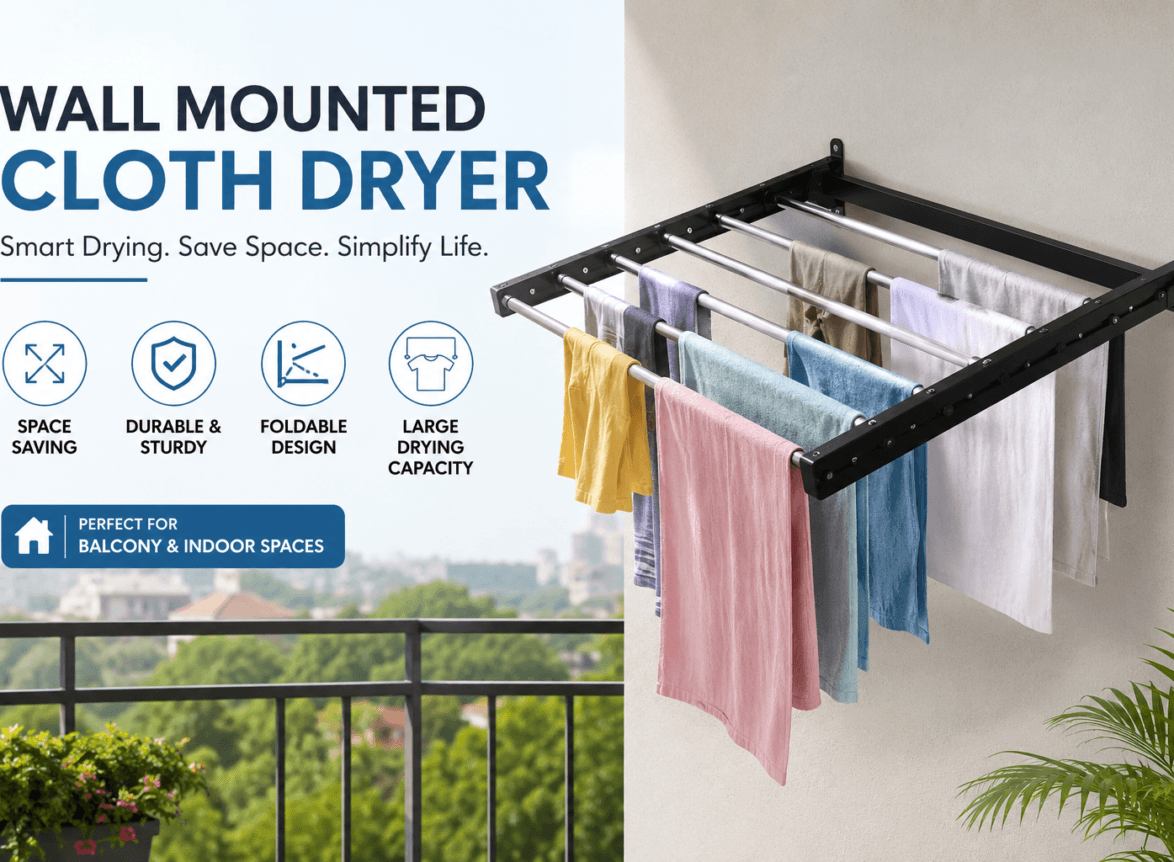Wall mounted cloth dryer with clothes on a balcony, featuring a space-saving foldable design.