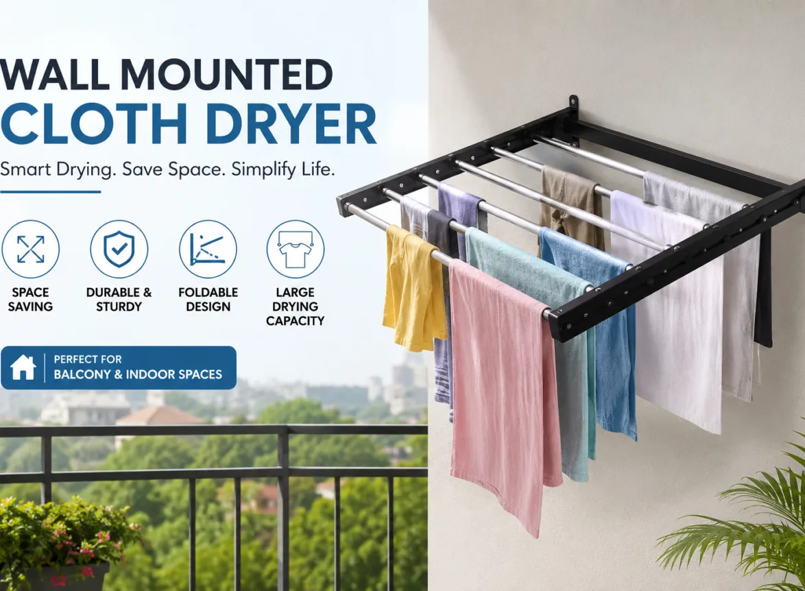 Wall mounted cloth dryer with clothes on a balcony, featuring a space-saving foldable design.