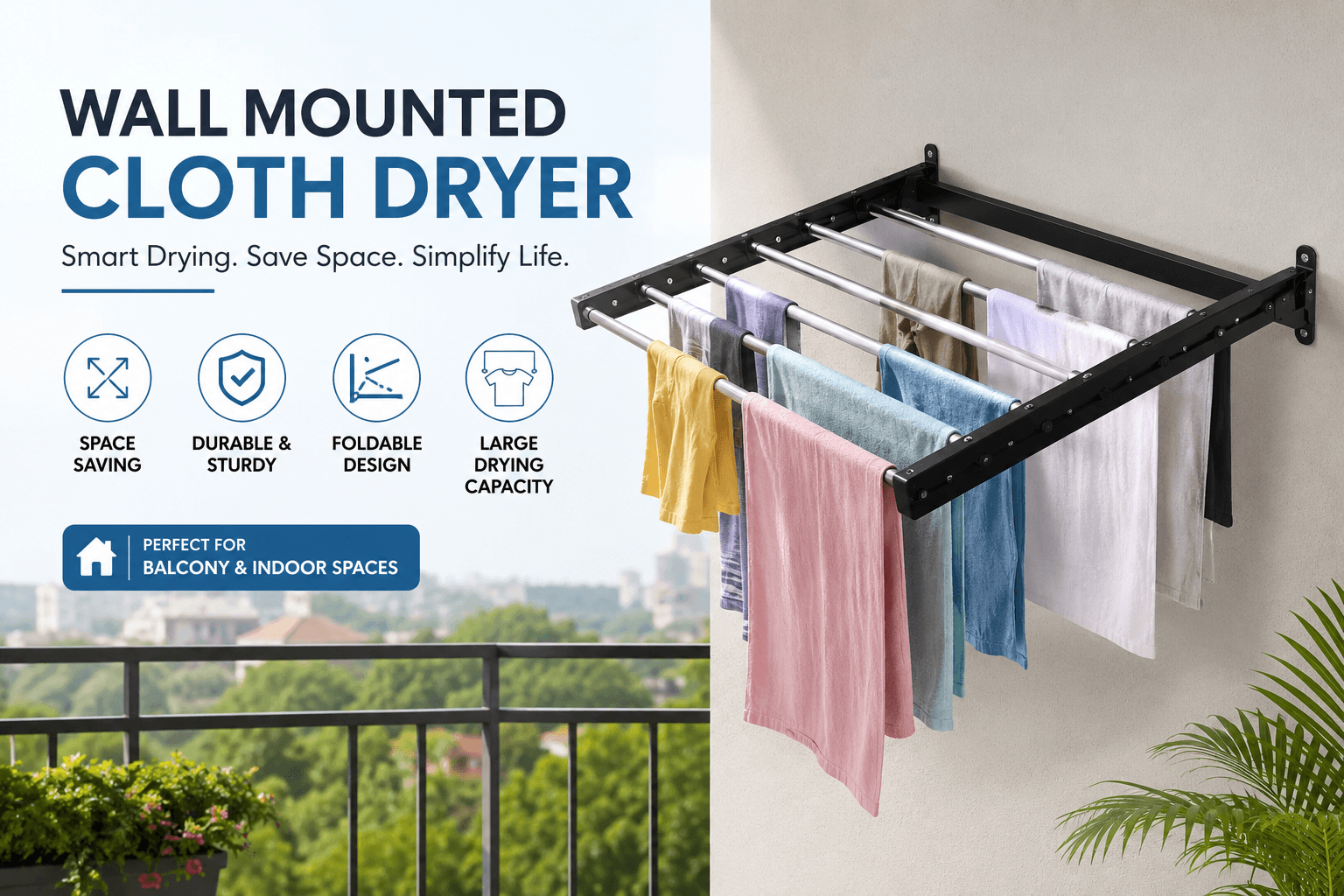 Wall mounted cloth dryer with clothes on a balcony, featuring a space-saving foldable design.