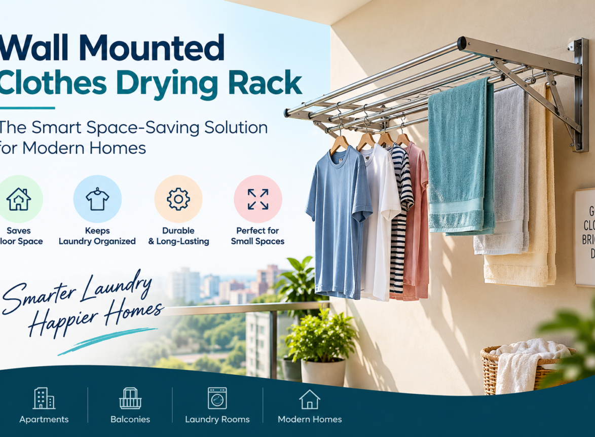 Wall mounted clothes drying rack in a modern balcony, offering a smart space-saving laundry solution for homes