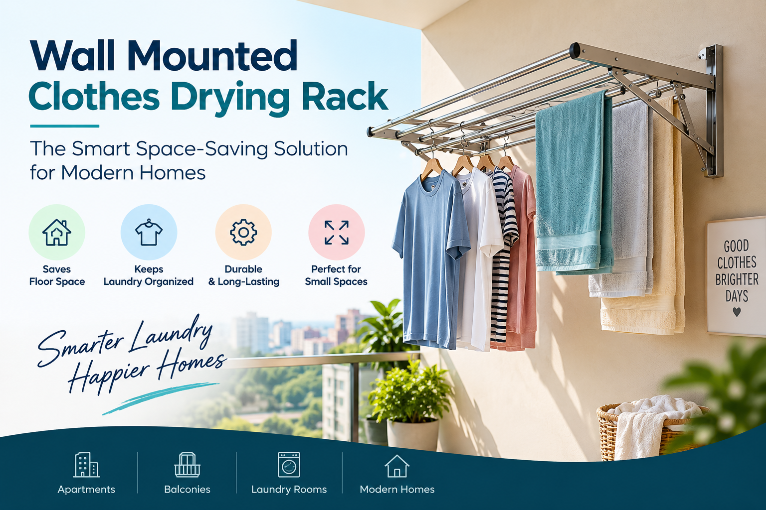 Wall mounted clothes drying rack in a modern balcony, offering a smart space-saving laundry solution for homes