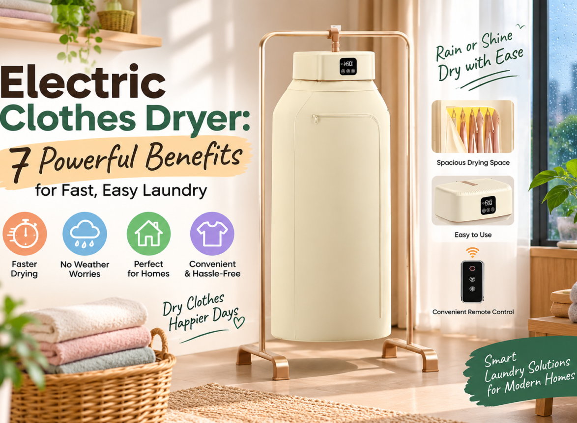 Electric clothes dryer in a modern home laundry space, highlighting fast drying, weather independence, and convenient indoor laundry solutions.