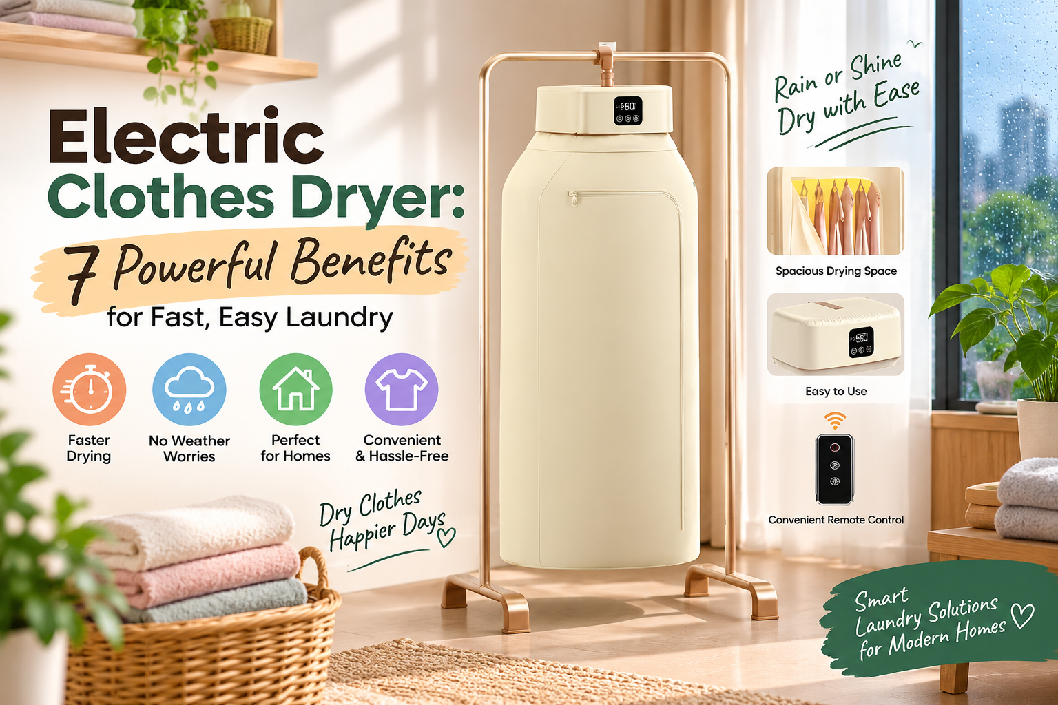 Electric clothes dryer in a modern home laundry space, highlighting fast drying, weather independence, and convenient indoor laundry solutions.