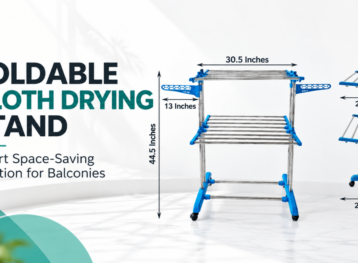 Foldable cloth drying stand with blue and silver frame and space-saving design for balconies