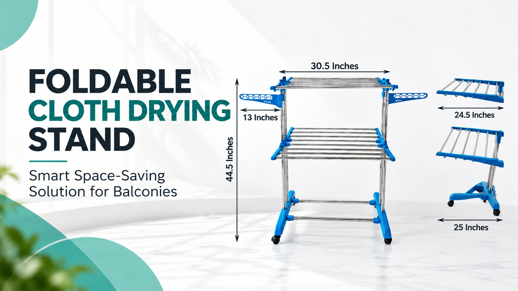 Foldable cloth drying stand with blue and silver frame and space-saving design for balconies