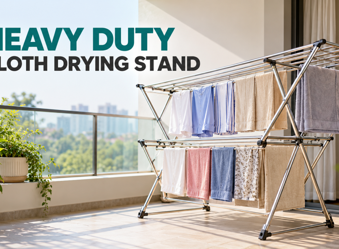 Heavy duty cloth drying stand made of stainless steel displayed on a modern balcony with multiple rods for drying clothes.