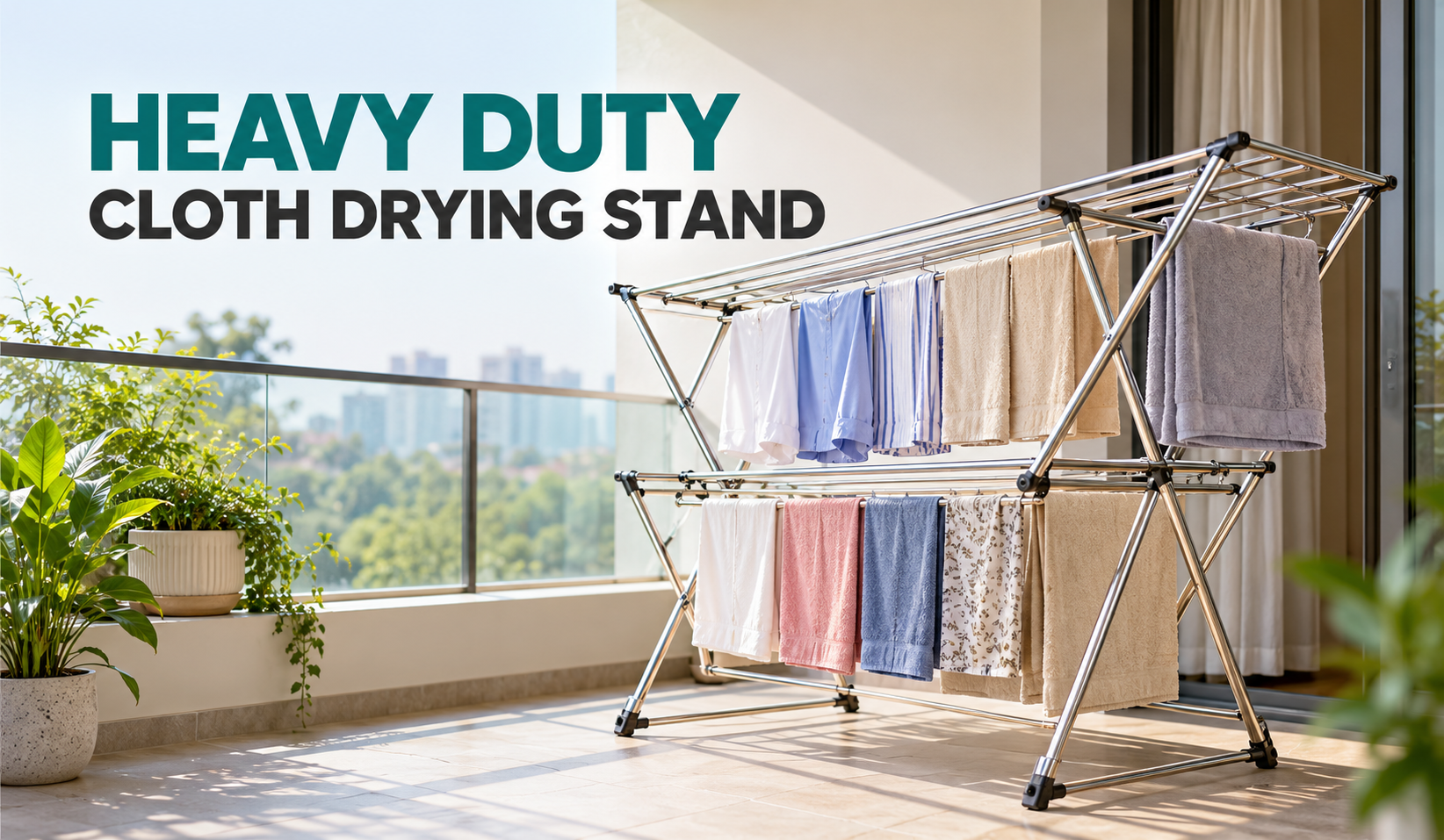 Heavy duty cloth drying stand made of stainless steel displayed on a modern balcony with multiple rods for drying clothes.