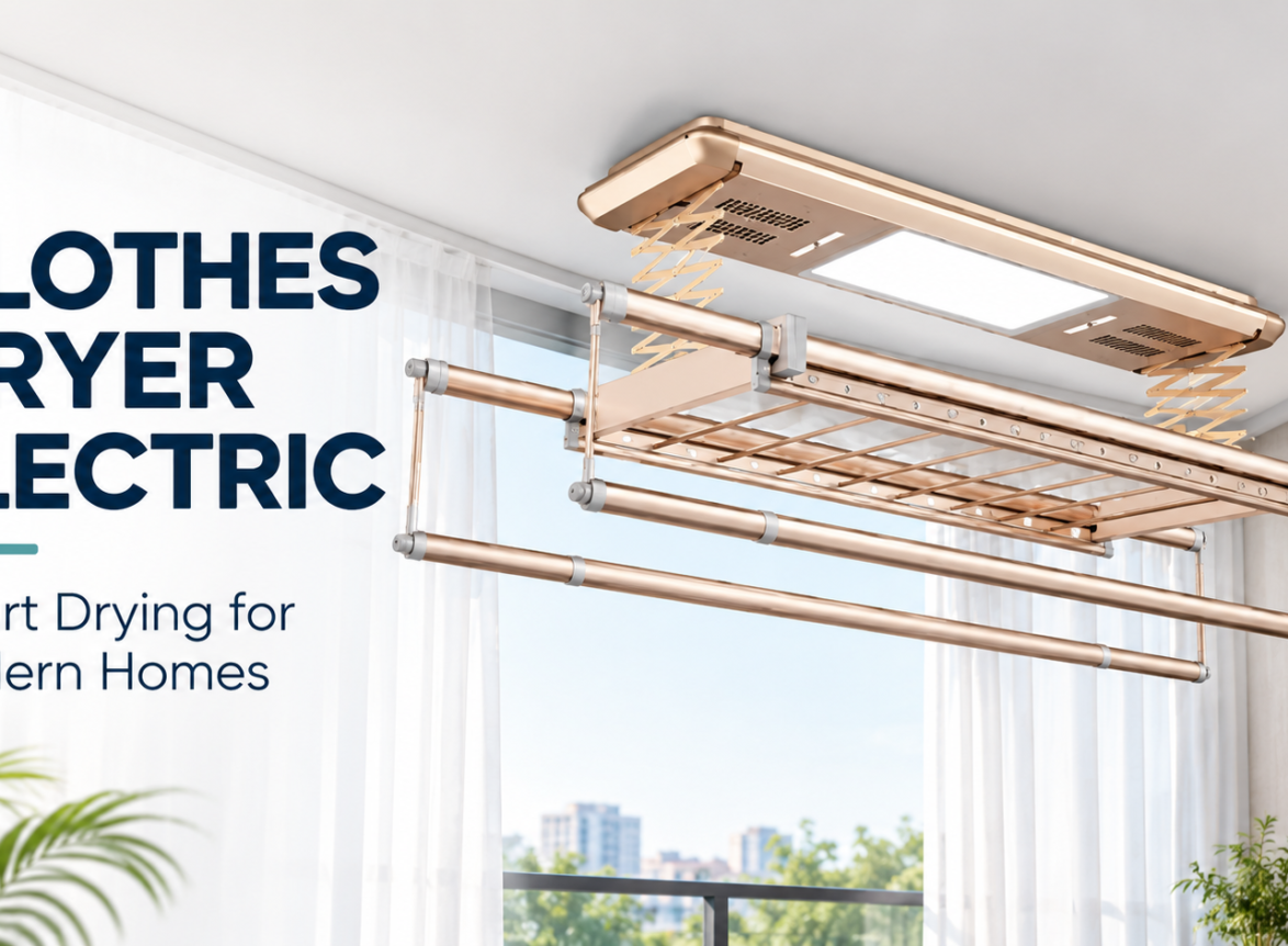 Clothes Dryer Electric ceiling mounted with adjustable drying rods in a modern home