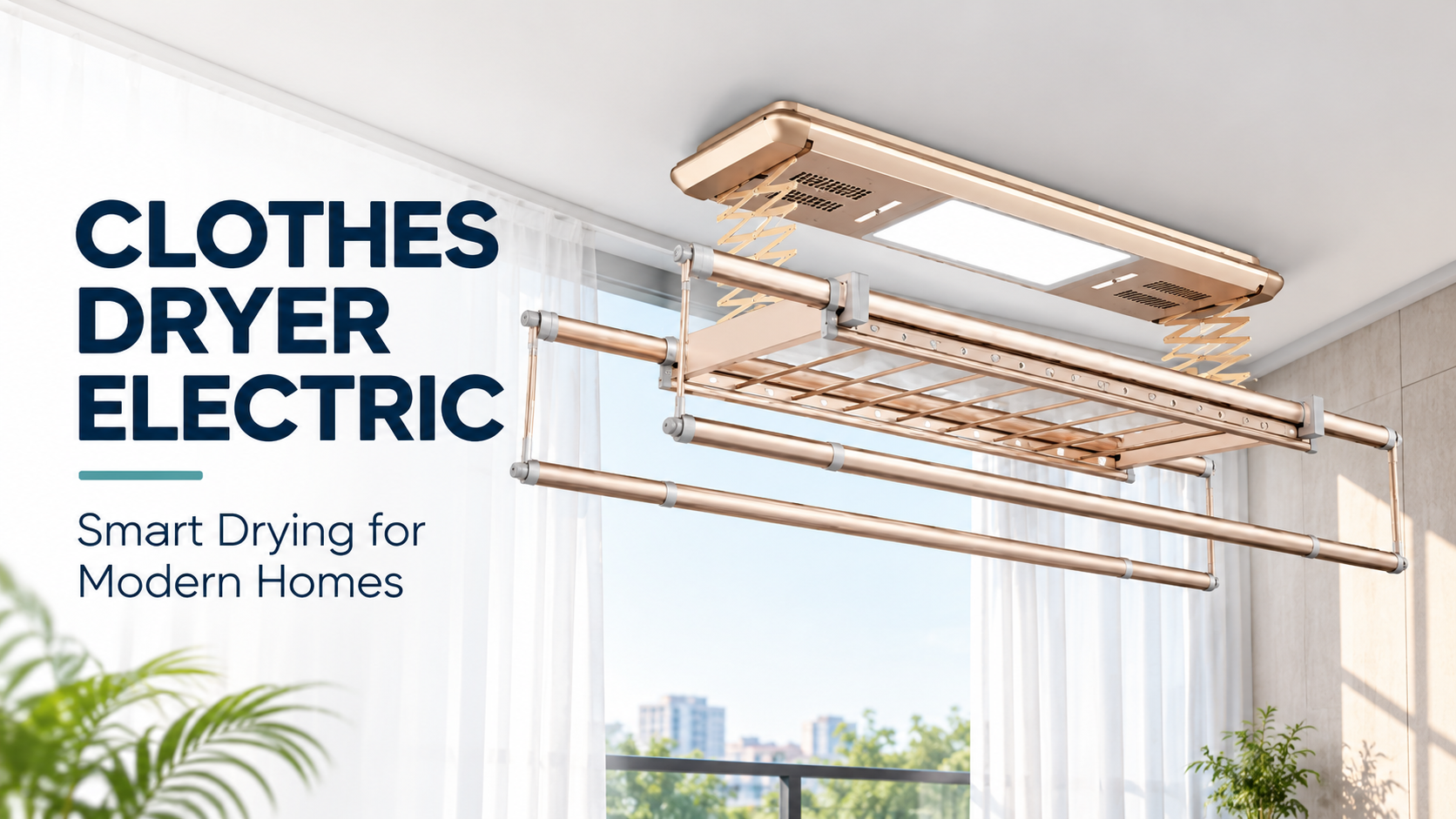 Clothes Dryer Electric ceiling mounted with adjustable drying rods in a modern home