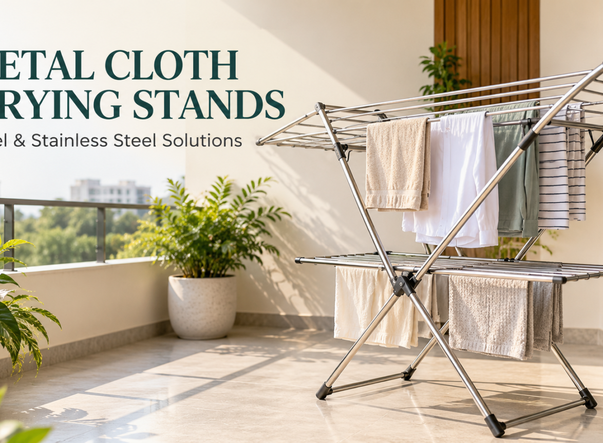 Metal cloth drying stand made of stainless steel on a modern balcony