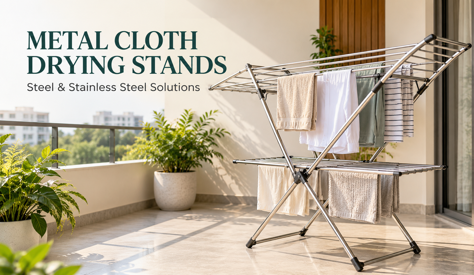 Metal cloth drying stand made of stainless steel on a modern balcony