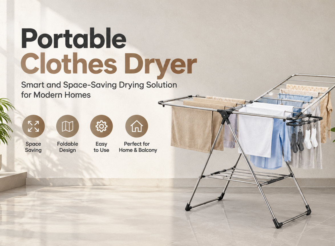 Portable clothes dryer with foldable stainless-steel drying rack for space-saving laundry at home