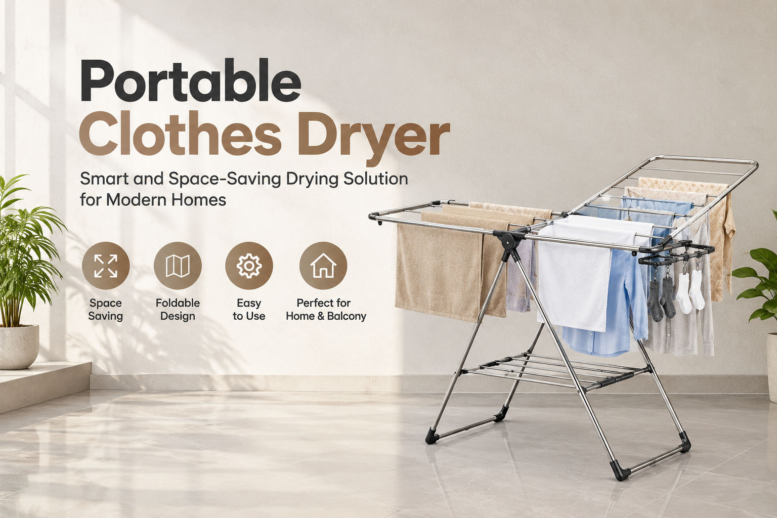 Portable clothes dryer with foldable stainless-steel drying rack for space-saving laundry at home