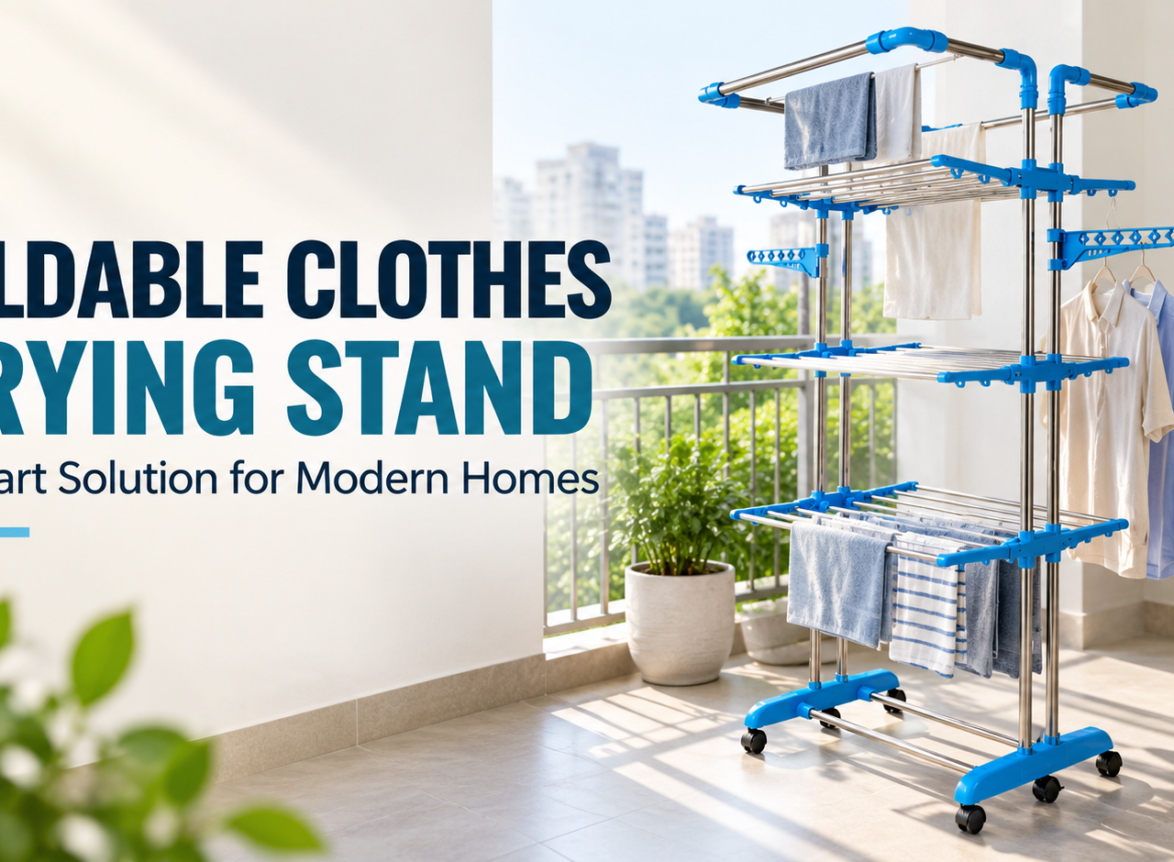 Foldable clothes drying stand for space-saving laundry drying in modern homes