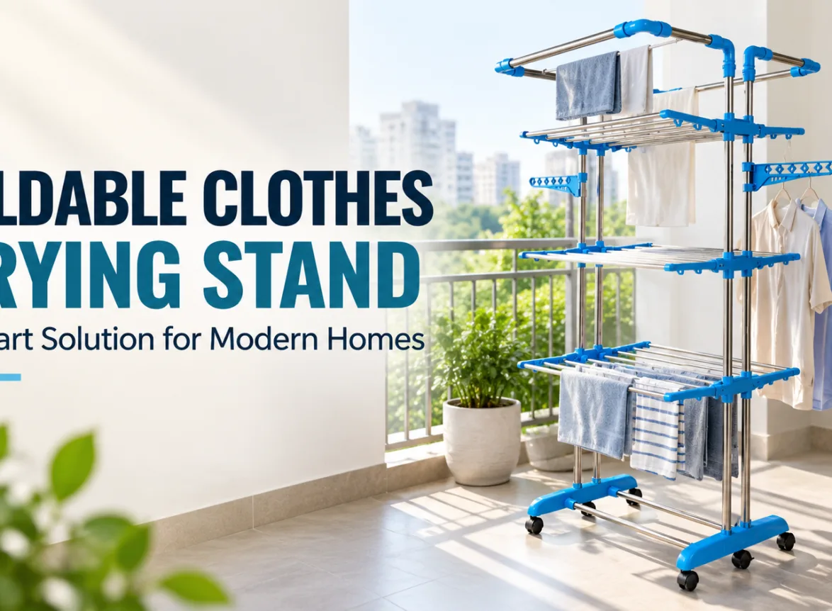 Foldable clothes drying stand for space-saving laundry drying in modern homes